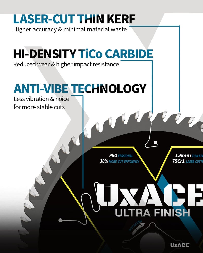 UXACE 6-1/2-Inch 60-Tooth Circular Saw Blade with 5/8-Inch Arbor, Ultra Finish Wood Cutting, Carbide Tip, Thin Kerf, for Plywood, MDF, OSB, Laminated, 2 Pack - Image 4